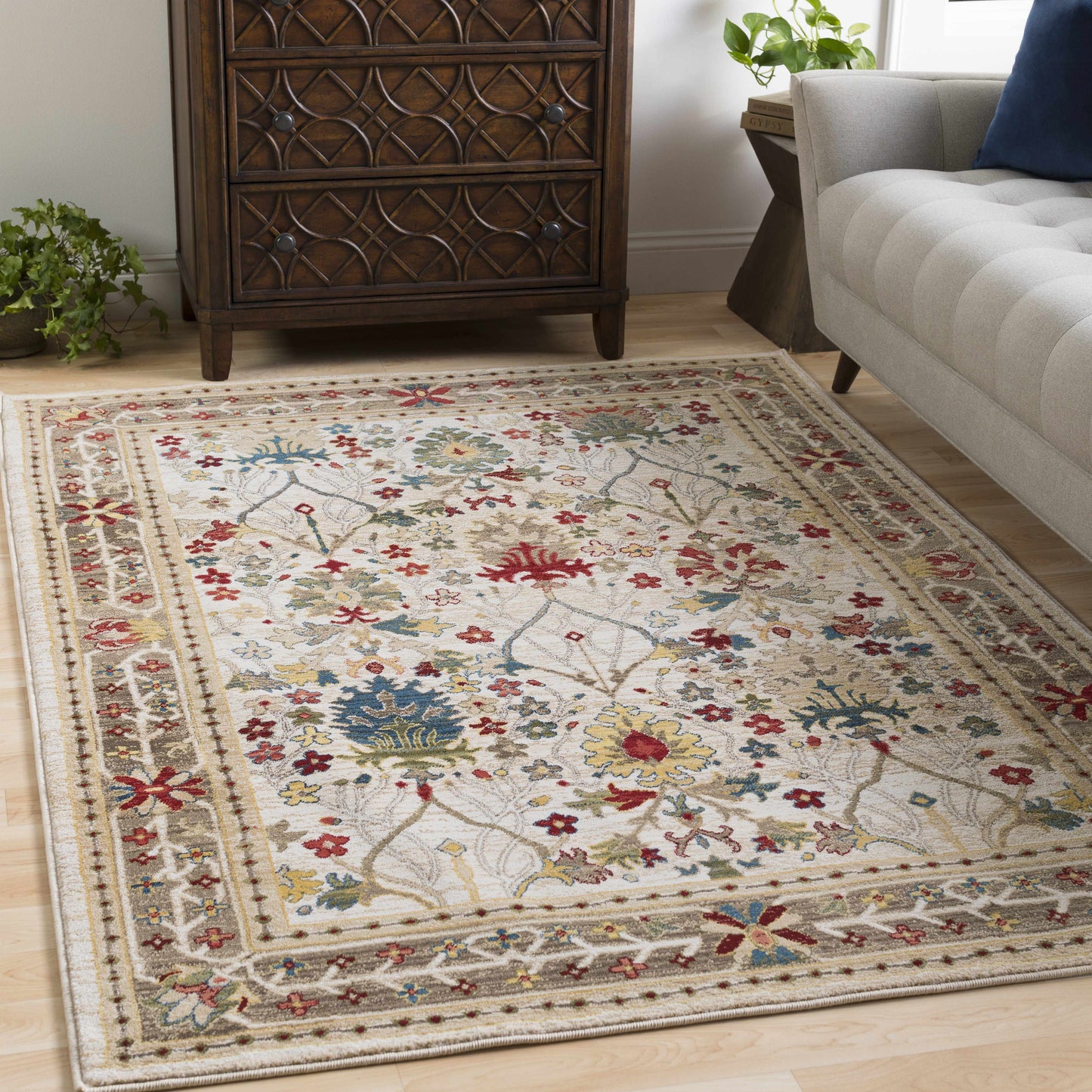 Neola White/Brown Damask Area Rug