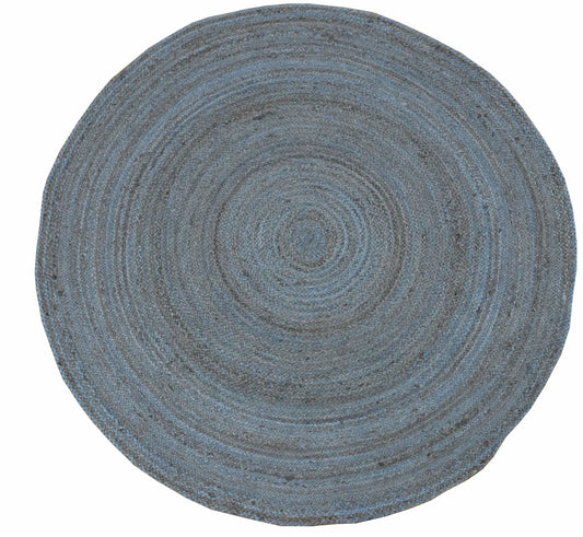 100% All Natural Fiber Hand Braided Boho Blue Round Jute Rug | JR1