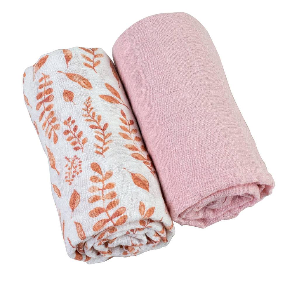 Muslin Swaddle Blanket Set Premium Cotton Pink Leaves + Cotton Candy