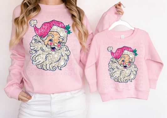 Child's Comfort Color Pink Tee Faux Sequin Santa