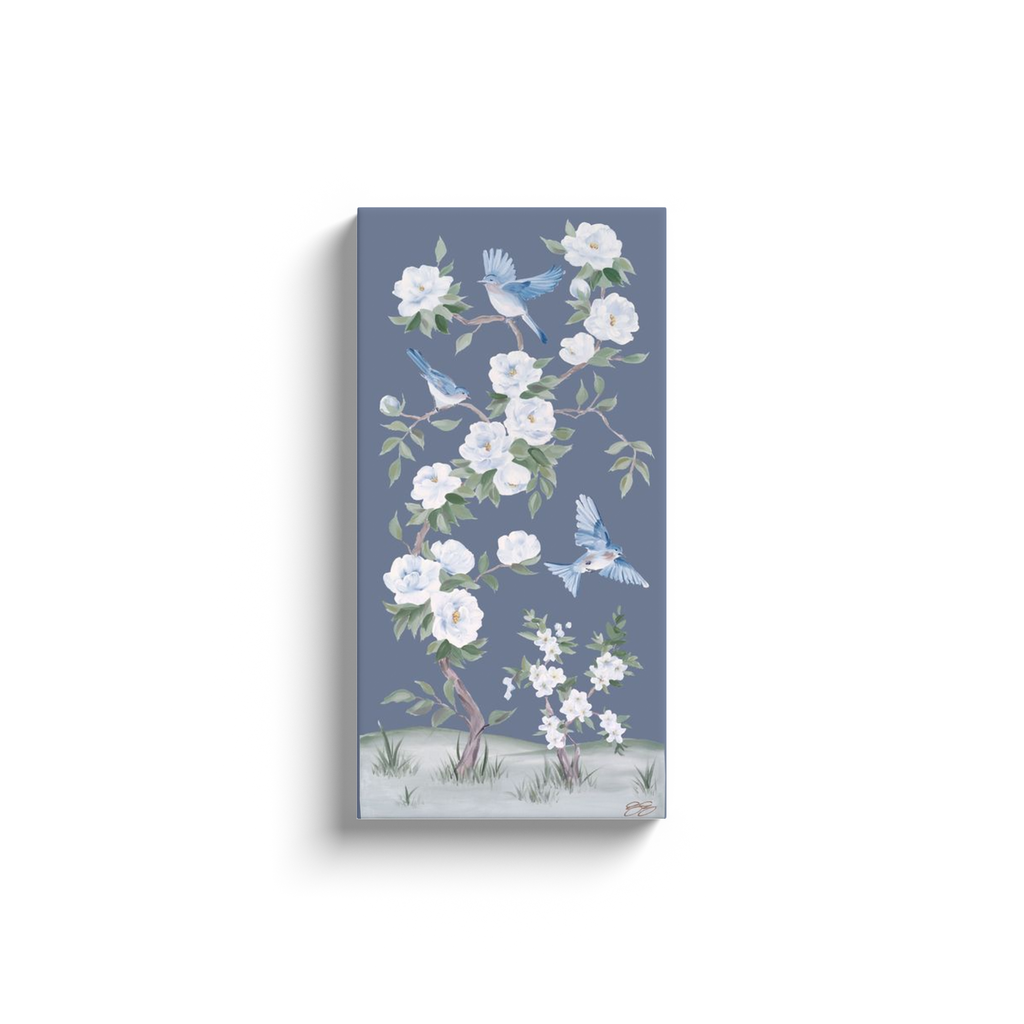 Bluebirds and Peonies, a dark blue chinoiserie canvas wrap