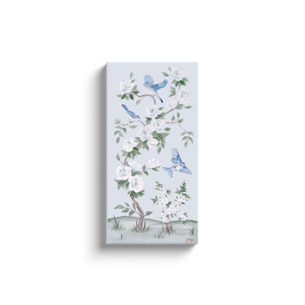 Bluebirds and Peonies, a light blue chinoiserie canvas wrap