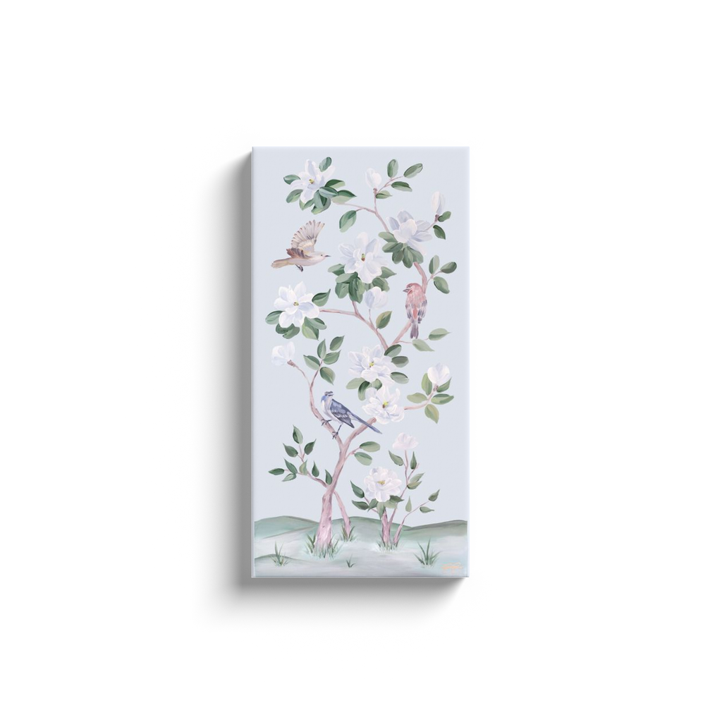 Songbirds and Magnolias, a light blue chinoiserie canvas wrap