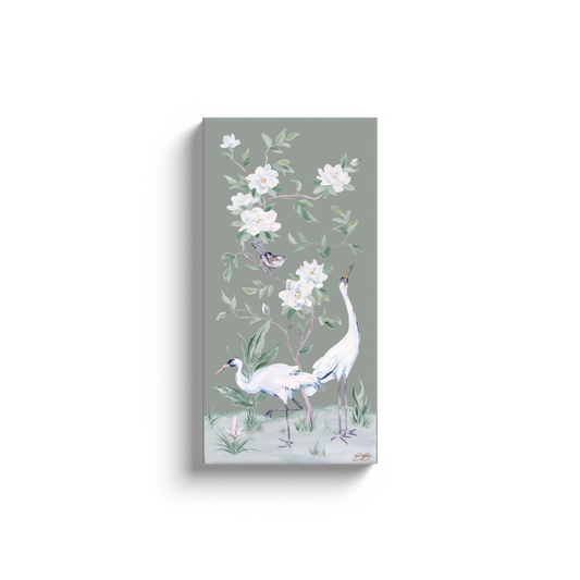 Cranes and Gardenias, a green chinoiserie canvas wrap