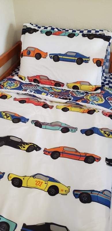 Race Cars Reversible Comforter Set + Sheet Set Combo