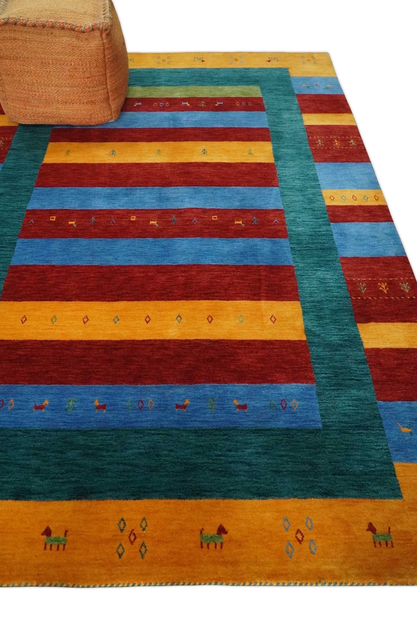 5x8 Vibrant Red, Blue, Yellow and Green Striped Wool Hand Woven Southwestern Lori Rug | KNT17