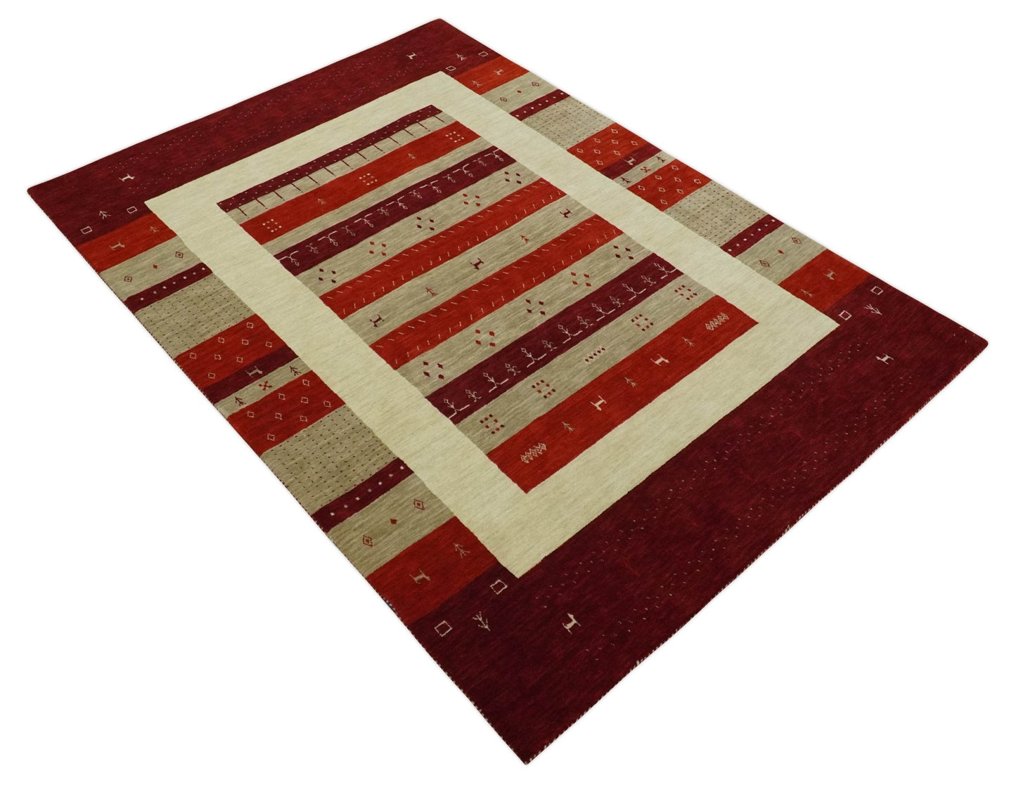 5x8 Red, Maroon and Beige Striped Wool Hand Woven Southwestern Lori Gabbeh Rug | KNT26