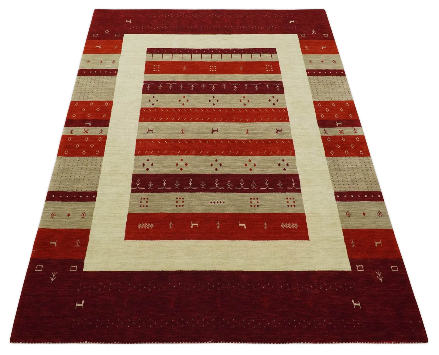 5x8 Red, Maroon and Beige Striped Wool Hand Woven Southwestern Lori Gabbeh Rug | KNT26