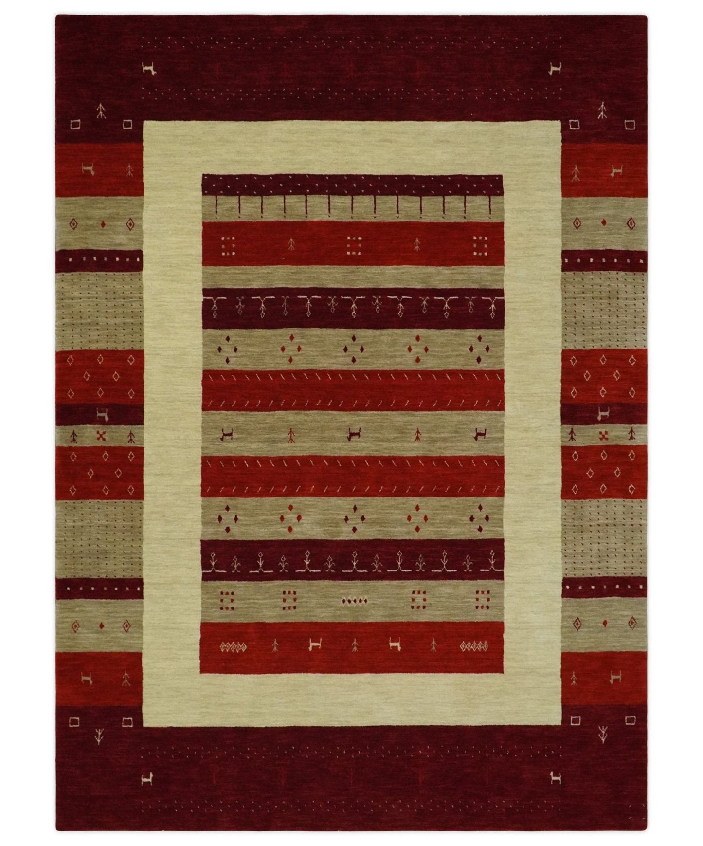 5x8 Red, Maroon and Beige Striped Wool Hand Woven Southwestern Lori Gabbeh Rug | KNT26