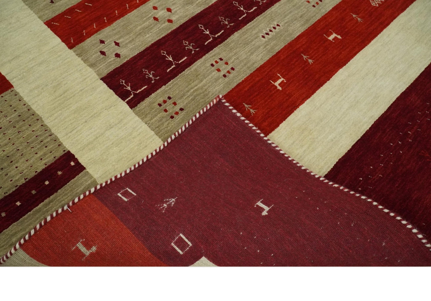 5x8 Red, Maroon and Beige Striped Wool Hand Woven Southwestern Lori Gabbeh Rug | KNT26