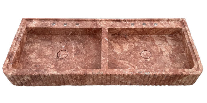 Red Travertine Double Bathroom Vanity Sink Fluted on Front and Edges (W)20" (L)48" (H)6"