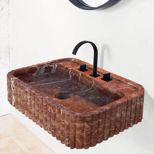 Red Travertine Wall-mount Bathroom Sink Ribbed Textured (W)16" (W)24" (H)6"