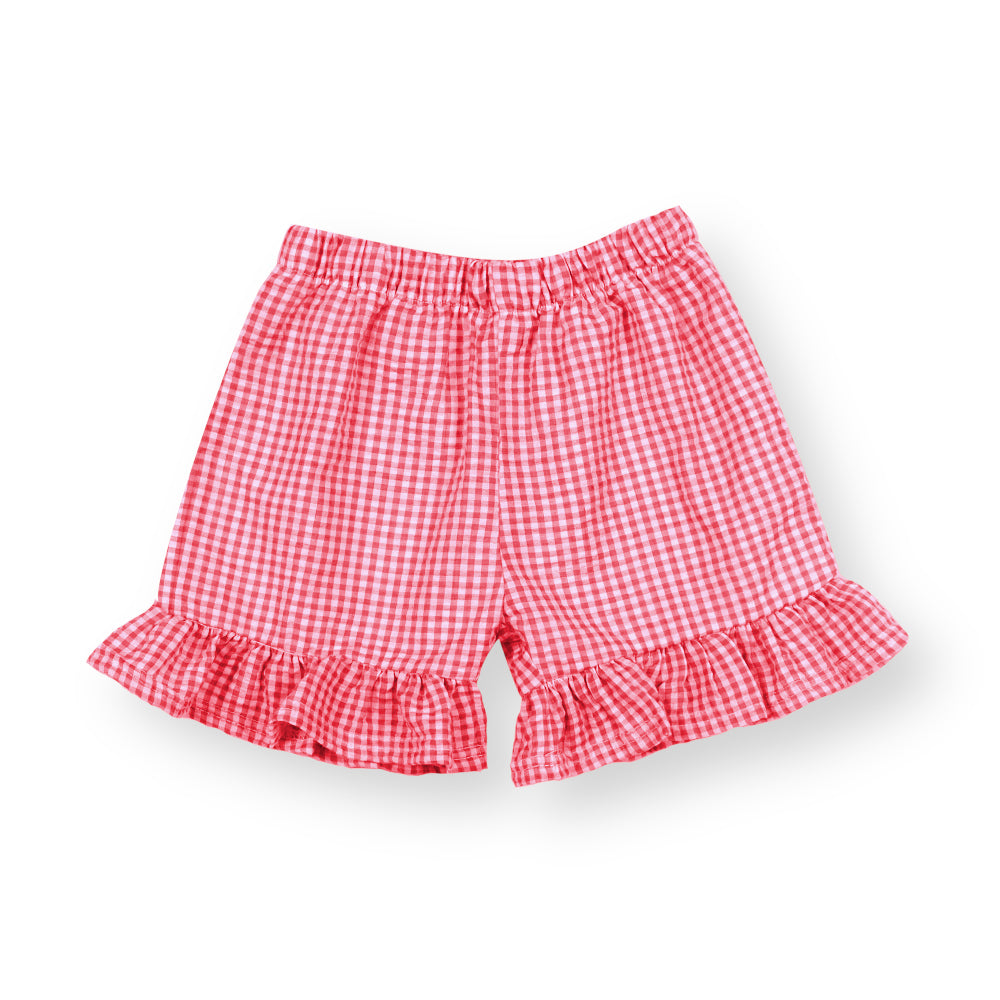 Girls Gingham Ruffle Shorts (Red Seersucker)