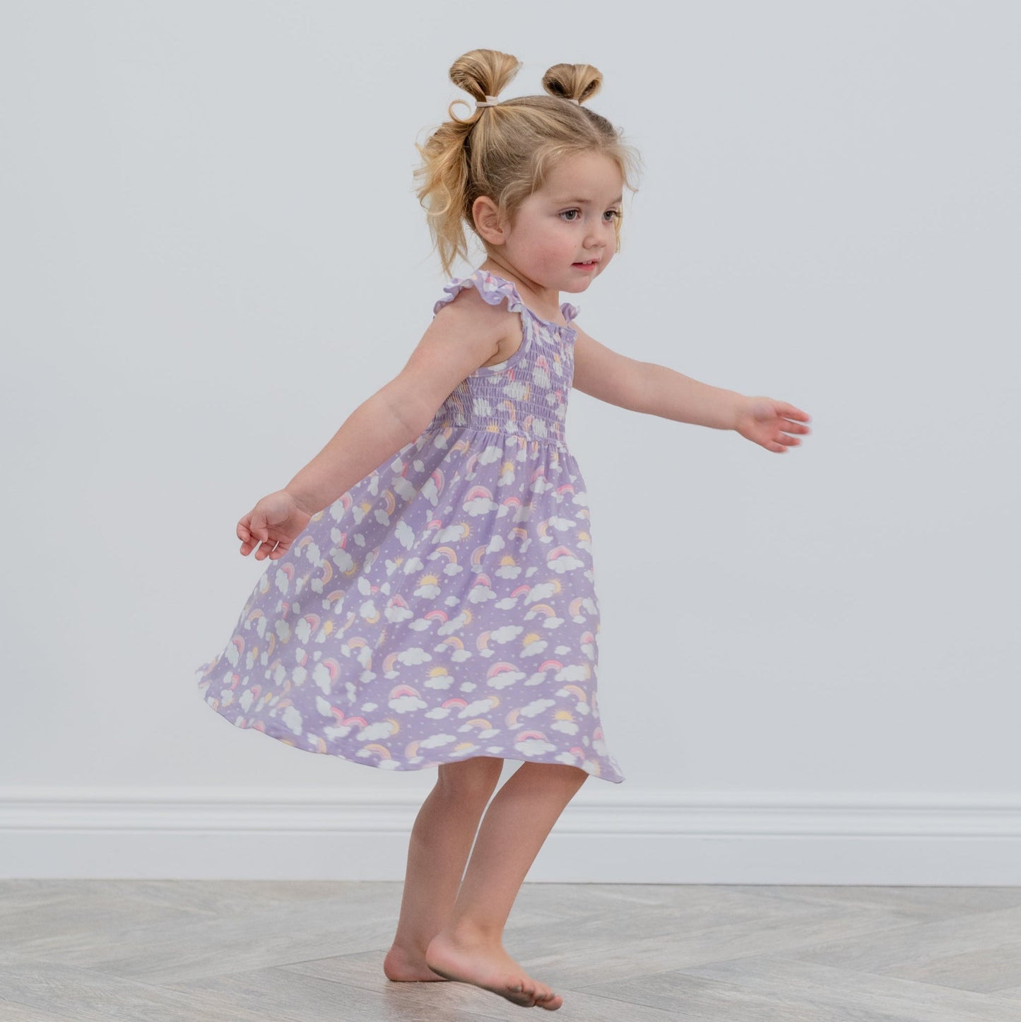 Lavender Rainbows and Clouds Smocked Vintage Dress