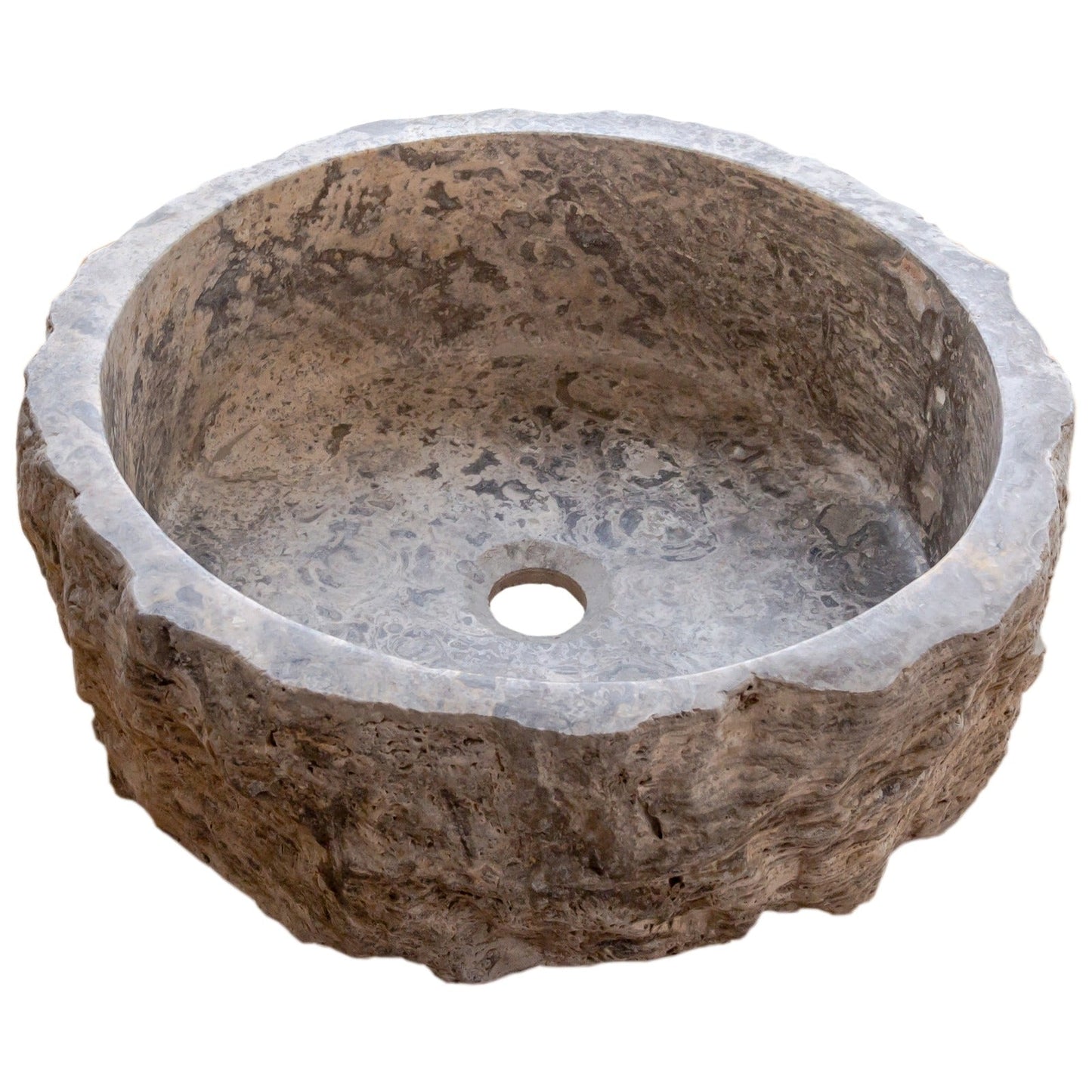 Silver Travertine Rustic Stone Vessel Sink Honed Interior Hand Chiseled Exterior (D)16" (H)6"