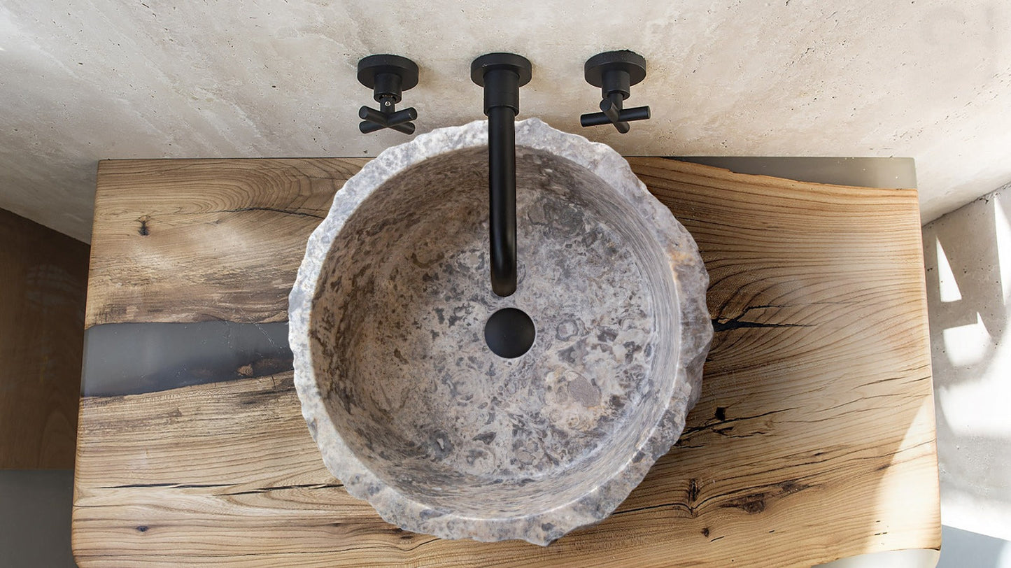 Silver Travertine Rustic Stone Vessel Sink Honed Interior Hand Chiseled Exterior (D)16" (H)6"