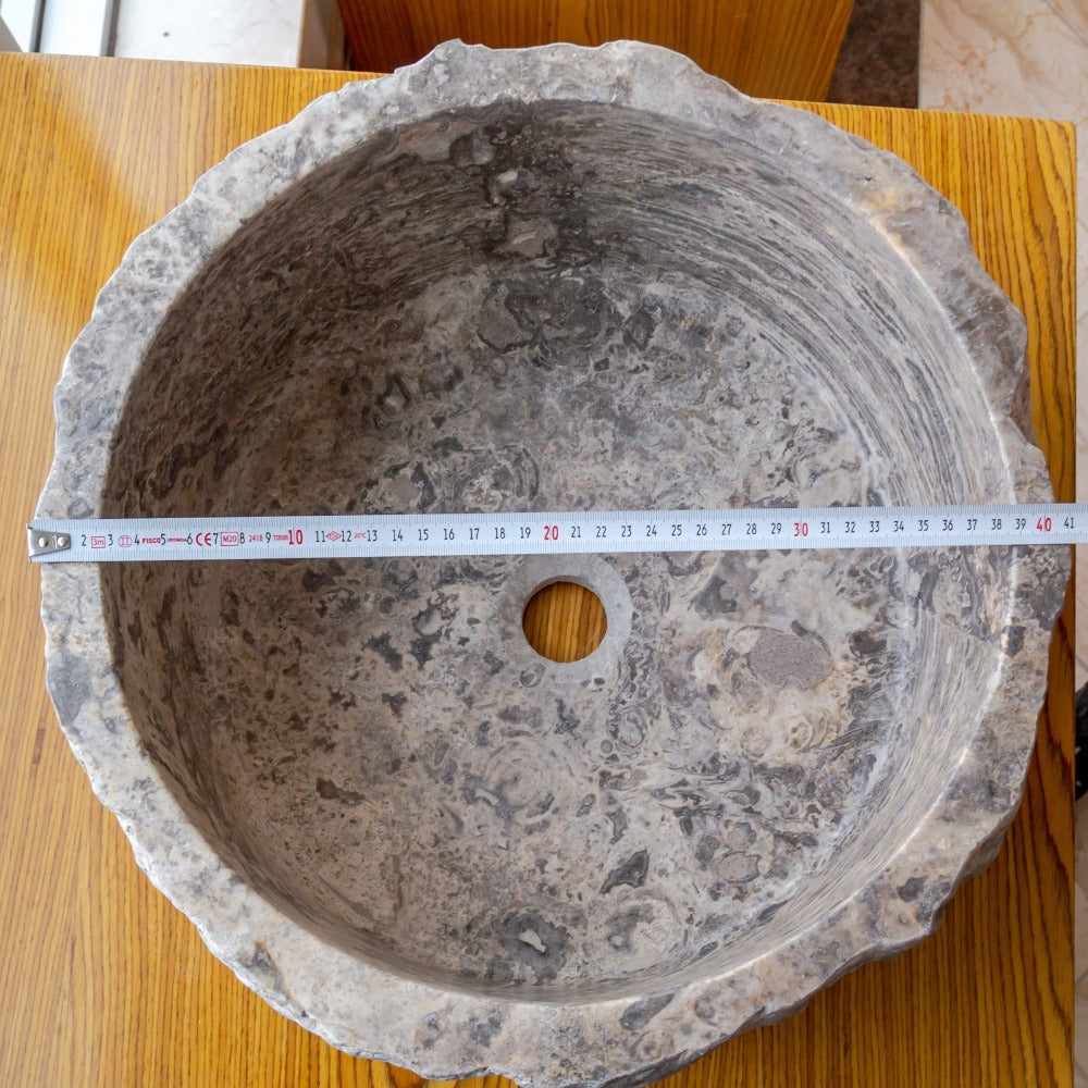 Silver Travertine Rustic Stone Vessel Sink Honed Interior Hand Chiseled Exterior (D)16" (H)6"