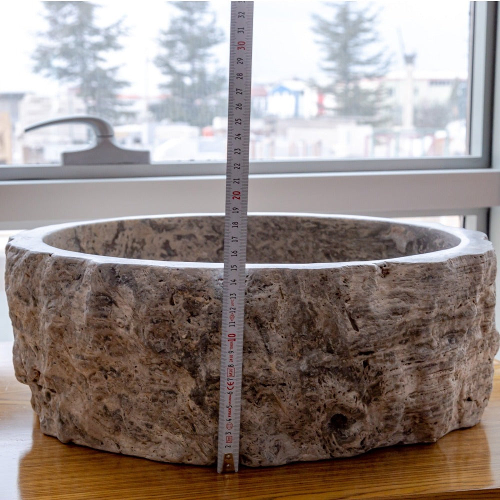 Silver Travertine Rustic Stone Vessel Sink Honed Interior Hand Chiseled Exterior (D)16" (H)6"