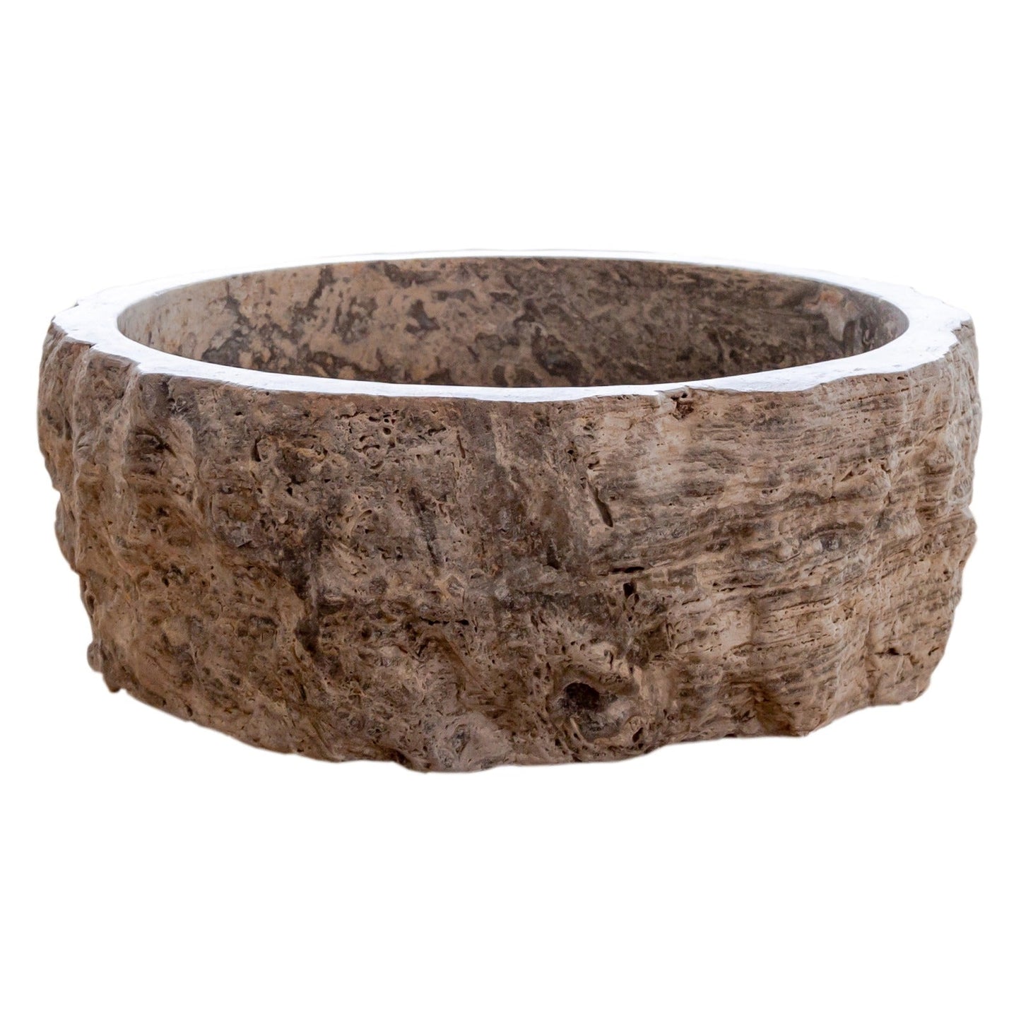 Silver Travertine Rustic Stone Vessel Sink Honed Interior Hand Chiseled Exterior (D)16" (H)6"