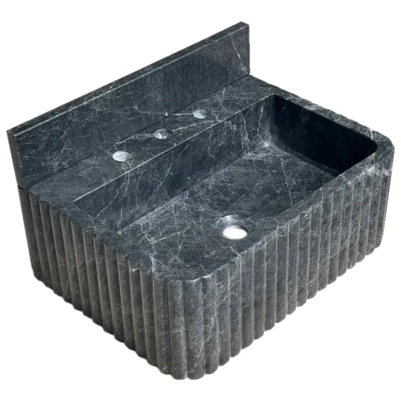 Sirius Black Marble Wall-mount Bathroom Sink Ribbed with 4" Backsplash (W)16" (L)20" (H)8"