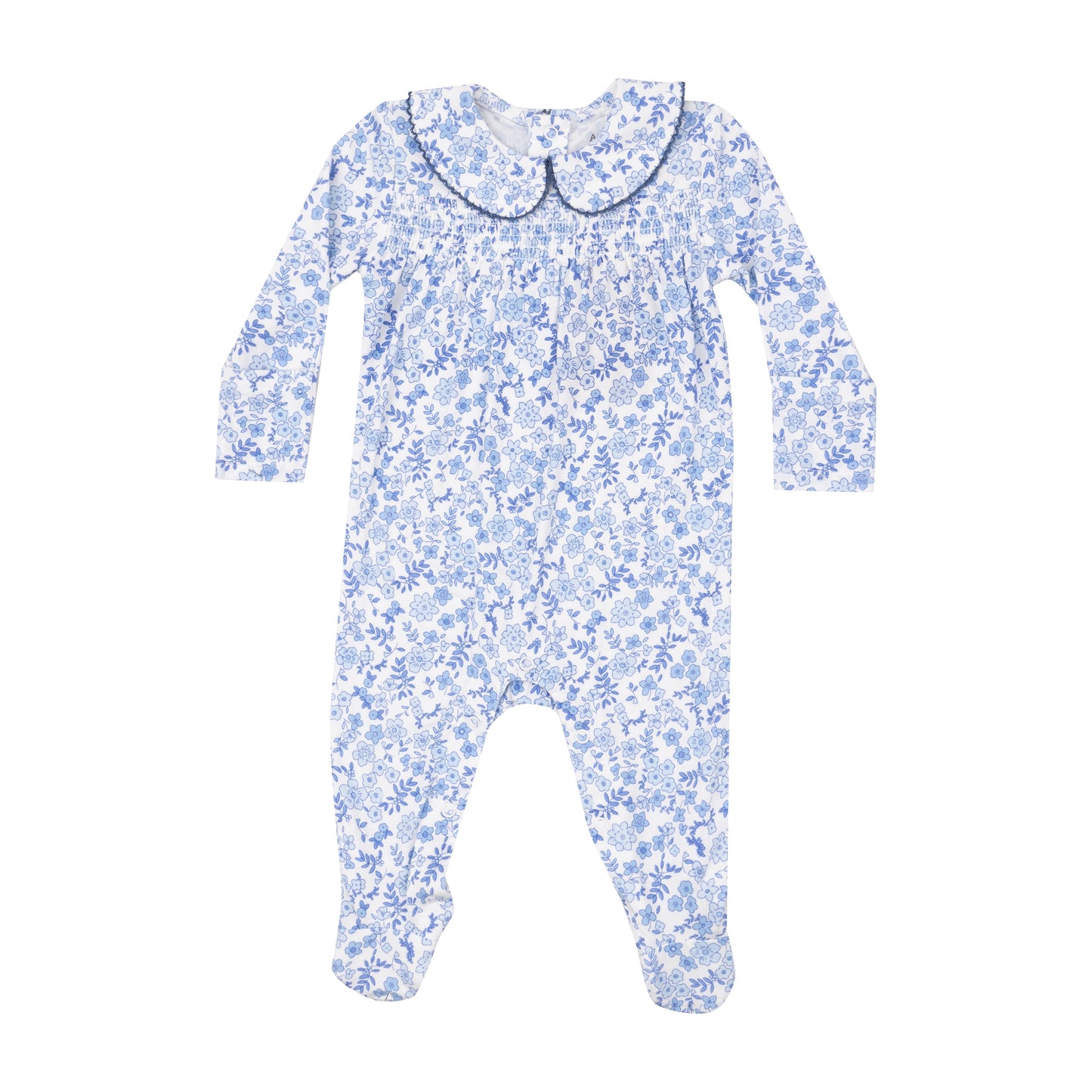 Smocked Peter Pan Footie - Blue Calico Floral