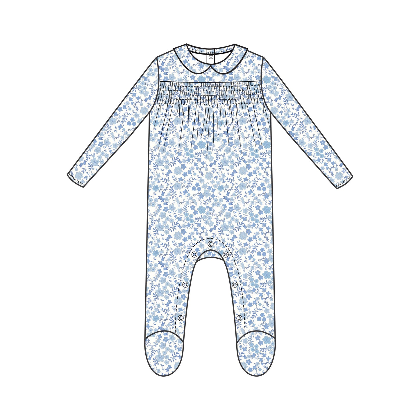 Smocked Peter Pan Footie - Blue Calico Floral