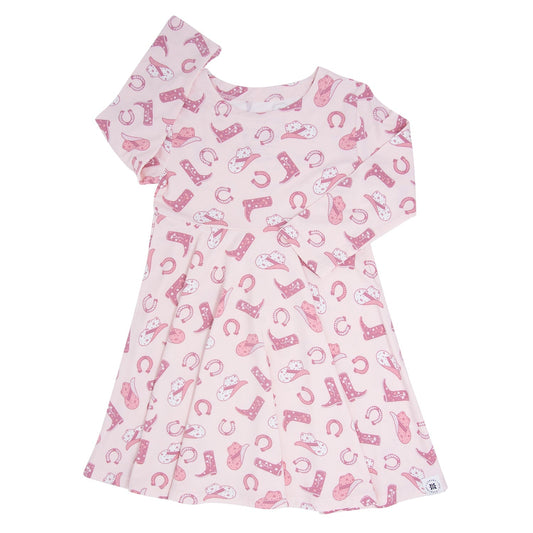 Pink Western Boots Cap Sleeve Swirl Dress