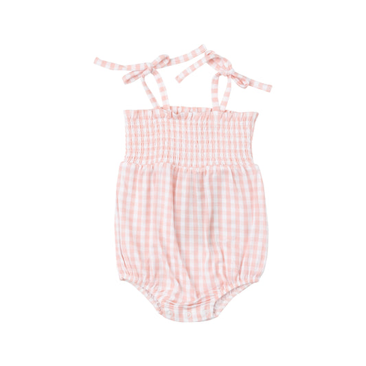 Tie Strap Smocked Bubble - Mini Gingham Pink