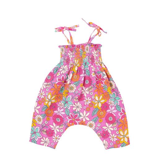 Tie Strap Smocked Romper - Tropical Retro Floral