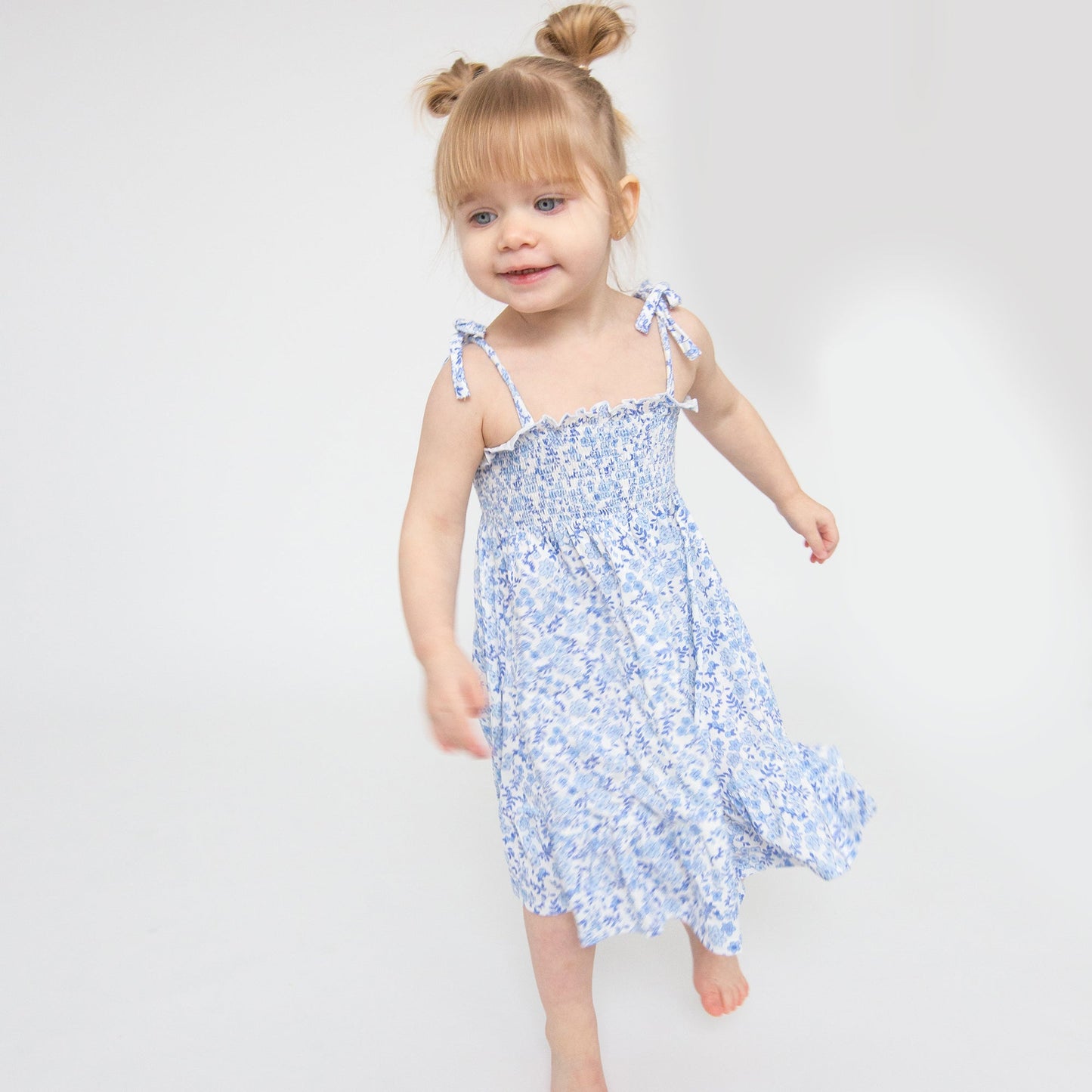 Tie Strap Smocked Sun Dresss Diaper Cover - Blue Calico Floral