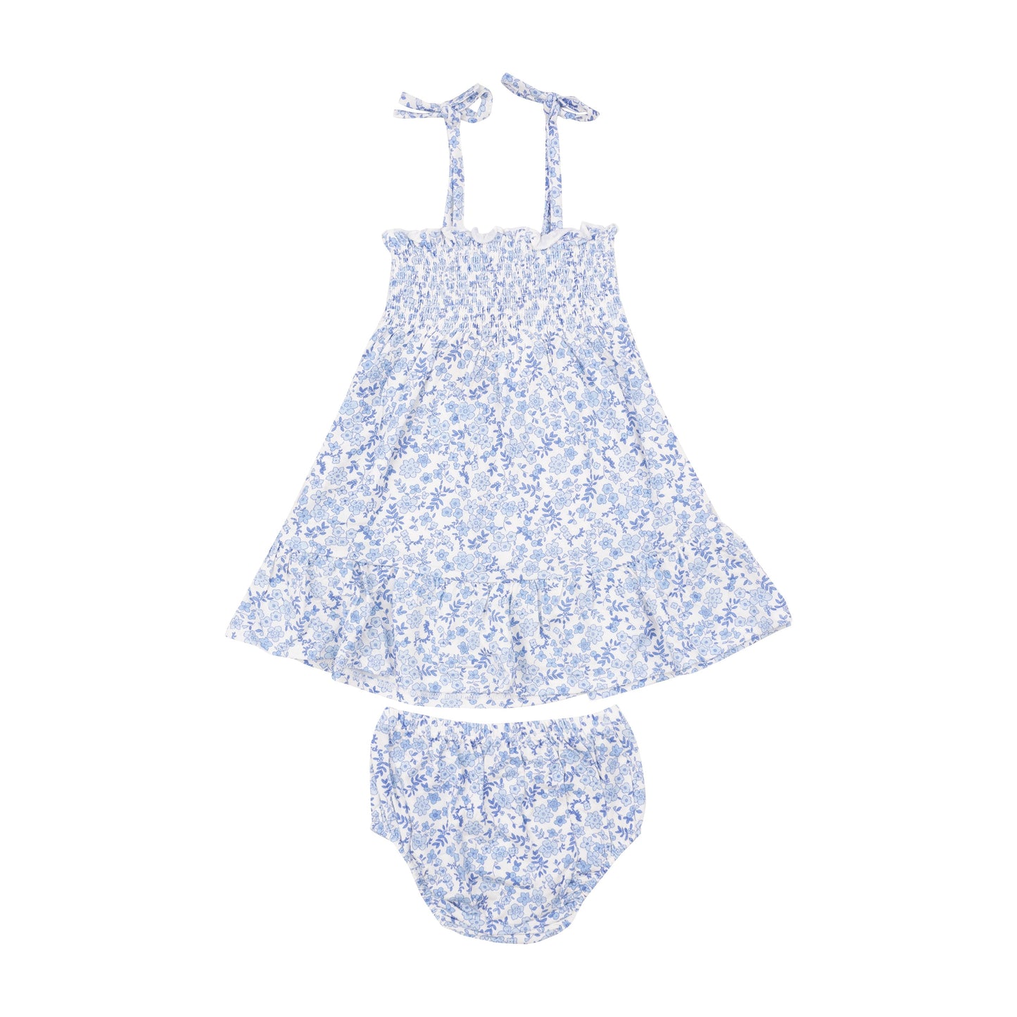 Tie Strap Smocked Sun Dresss Diaper Cover - Blue Calico Floral