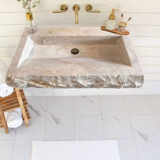 Troia Light Travertine Rustic Rectangular Wall-mount Bathroom Sink (W)16" (L)30" (H)5"