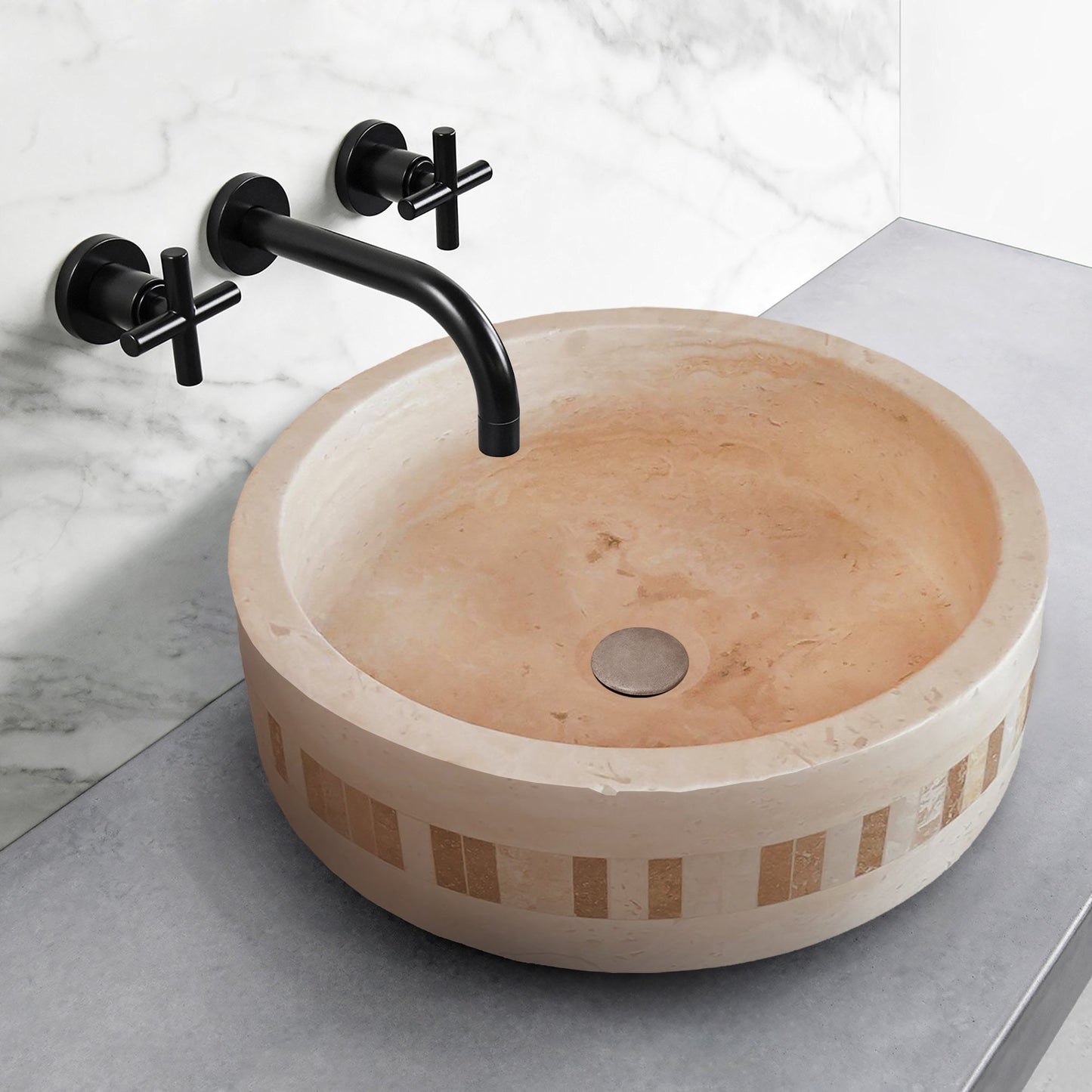 Troia Light Travertine Natural Stone Cylinder Sink Honed and Filled/Matte (D)16" (H)6"