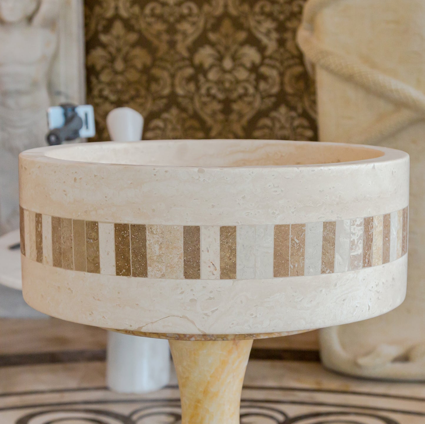 Troia Light Travertine Natural Stone Cylinder Sink Honed and Filled/Matte (D)16" (H)6"