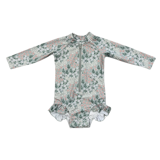 Girls Aqua Grey Floral Ruffle Rash Guard One-Piece Swimsuit