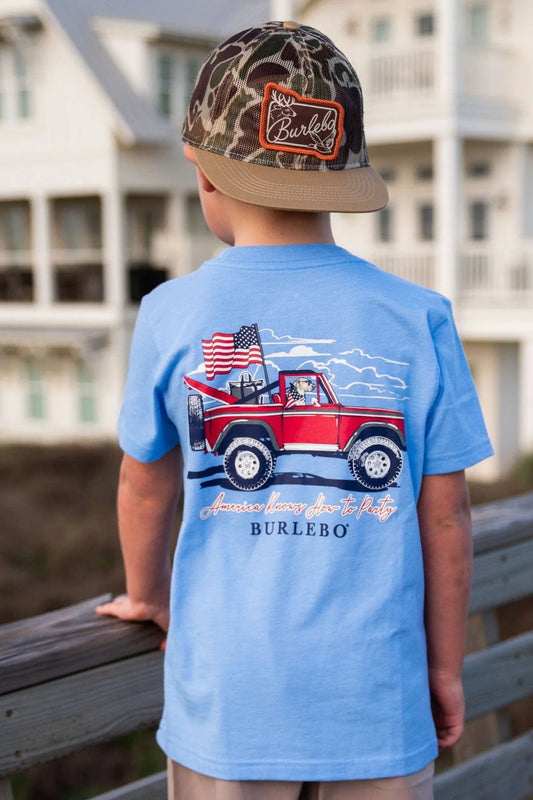 BURLEBO Youth Tee - America Knows How To Party - Heather Periwinkle