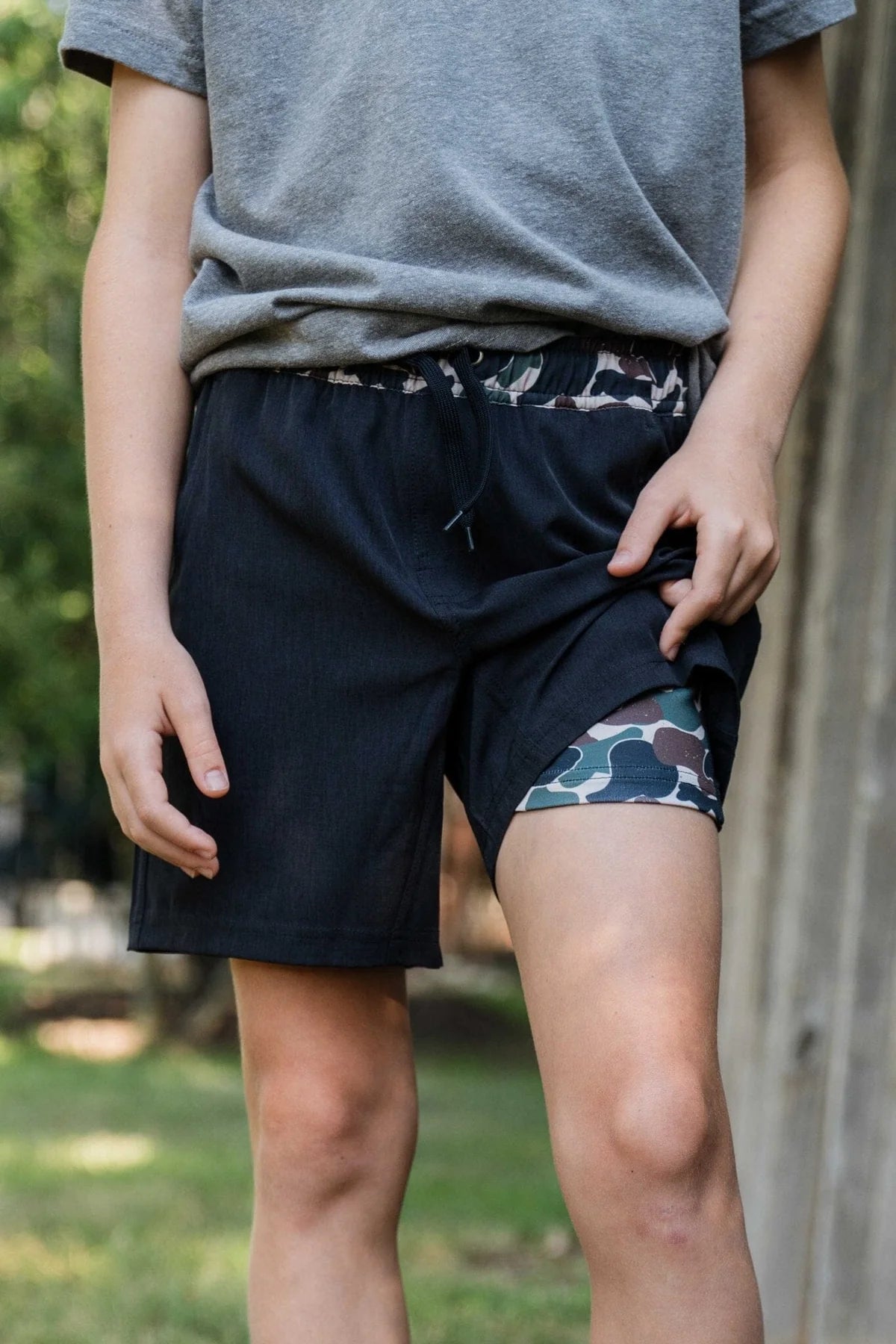 BURLEBO - Youth Athletic Short - Heather Black - Throwback Camo Liner