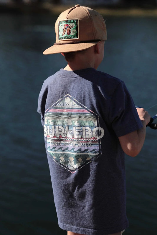 BURLEBO Youth Tee - Palms and Fins Logo - Heather Navy