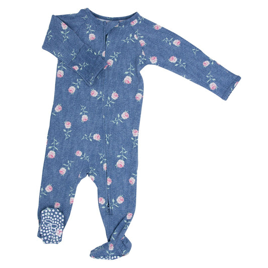 Zipper Footie Denim Roses