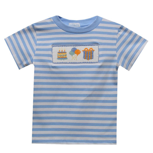 Vive La Fete - Birthday Smocked Light Blue Stripes Knit Short Sleeve Tshirt