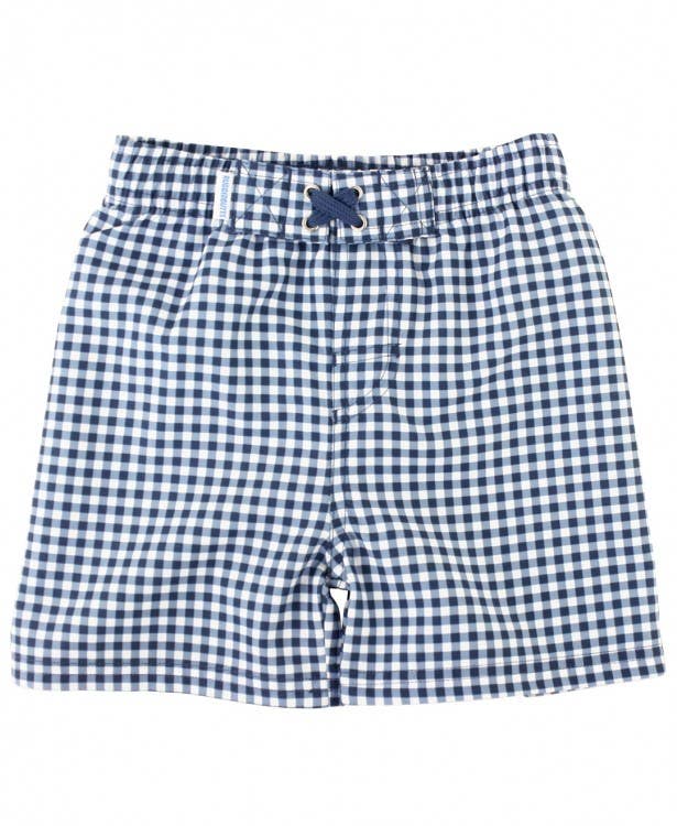 RuffleButts - Navy Gingham Swim Trunks