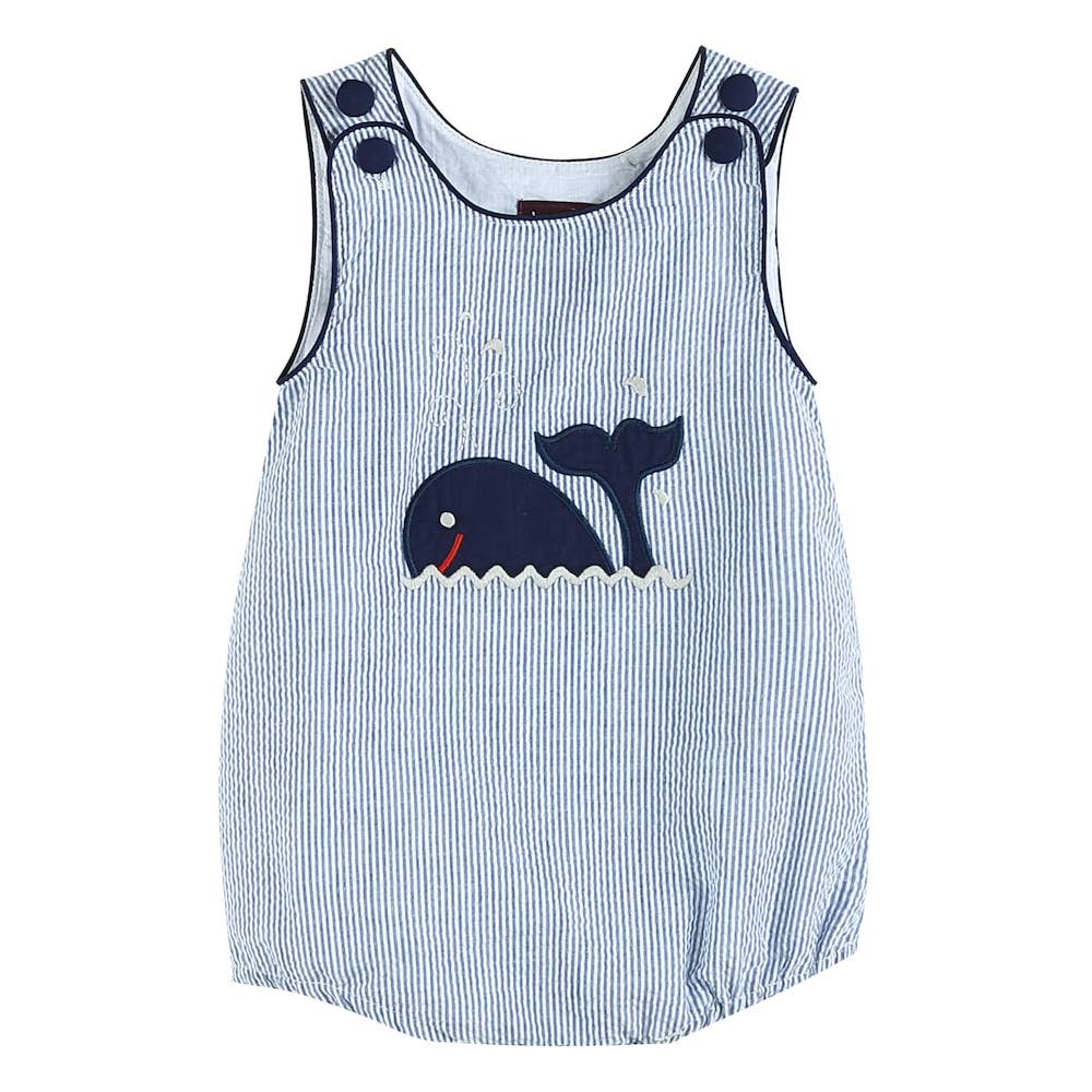 Lil Cactus - Blue Seersucker Whale Applique Baby Bubble Romper