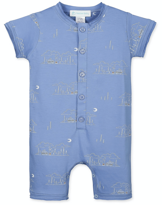 Henley Romper - Campsite on Blue - Ultrasoft Pima