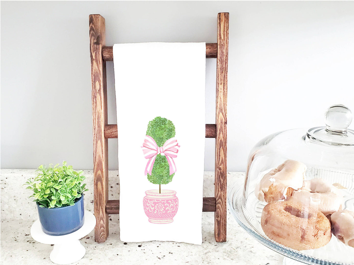 The Navy Knot - Spring Kitchen Tea Towel - Pink Pot Bow Topiary